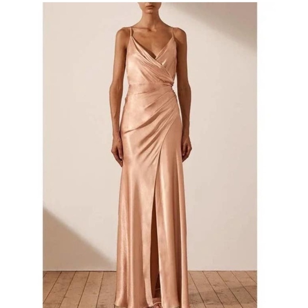 Shona Joy Champagne Satin Wrap Maxi Dress